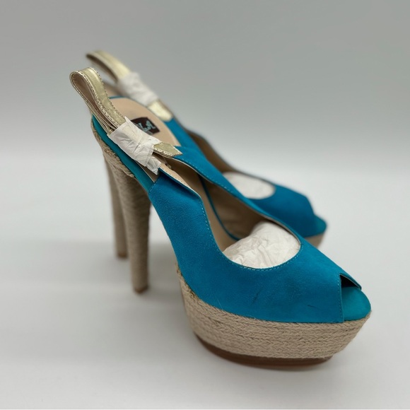 NYLA Perlia Blue Leather Peep-toe Wedges - size 9 - Picture 3 of 7